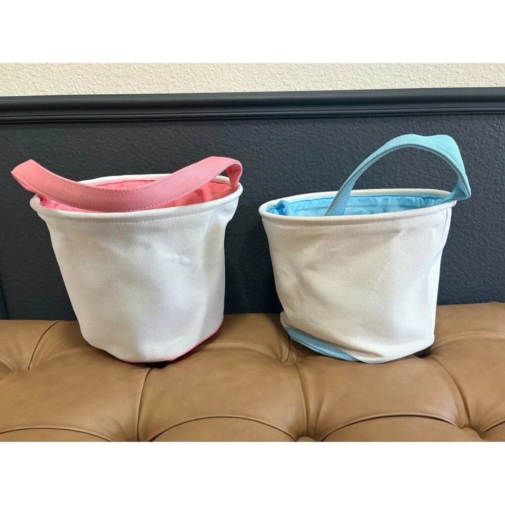JM Manufacturing 2pc Easter Bunny Canvas Baskets Pink & Blue Tote Bags Pom Pom T